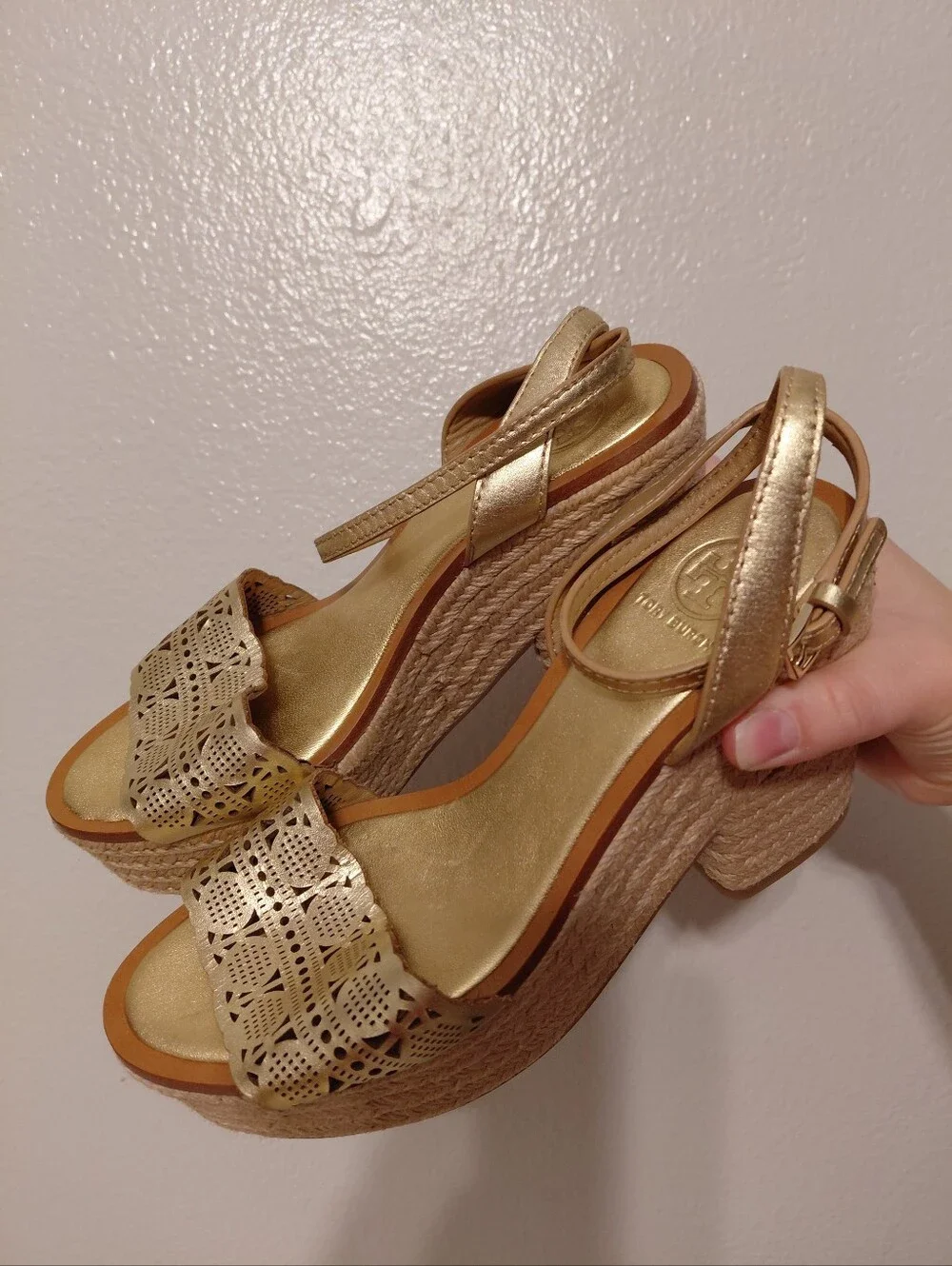 Tory Burch Gold Toned Espadrille Wedges